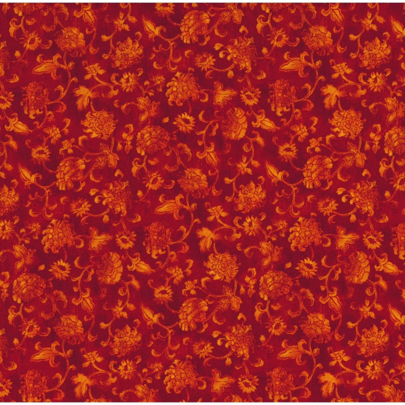 Tessuto Americano Floreale con Disegni Arancio su Sfondo Rosso