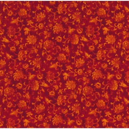 Tessuto Americano Floreale con Disegni Arancio su Sfondo Rosso